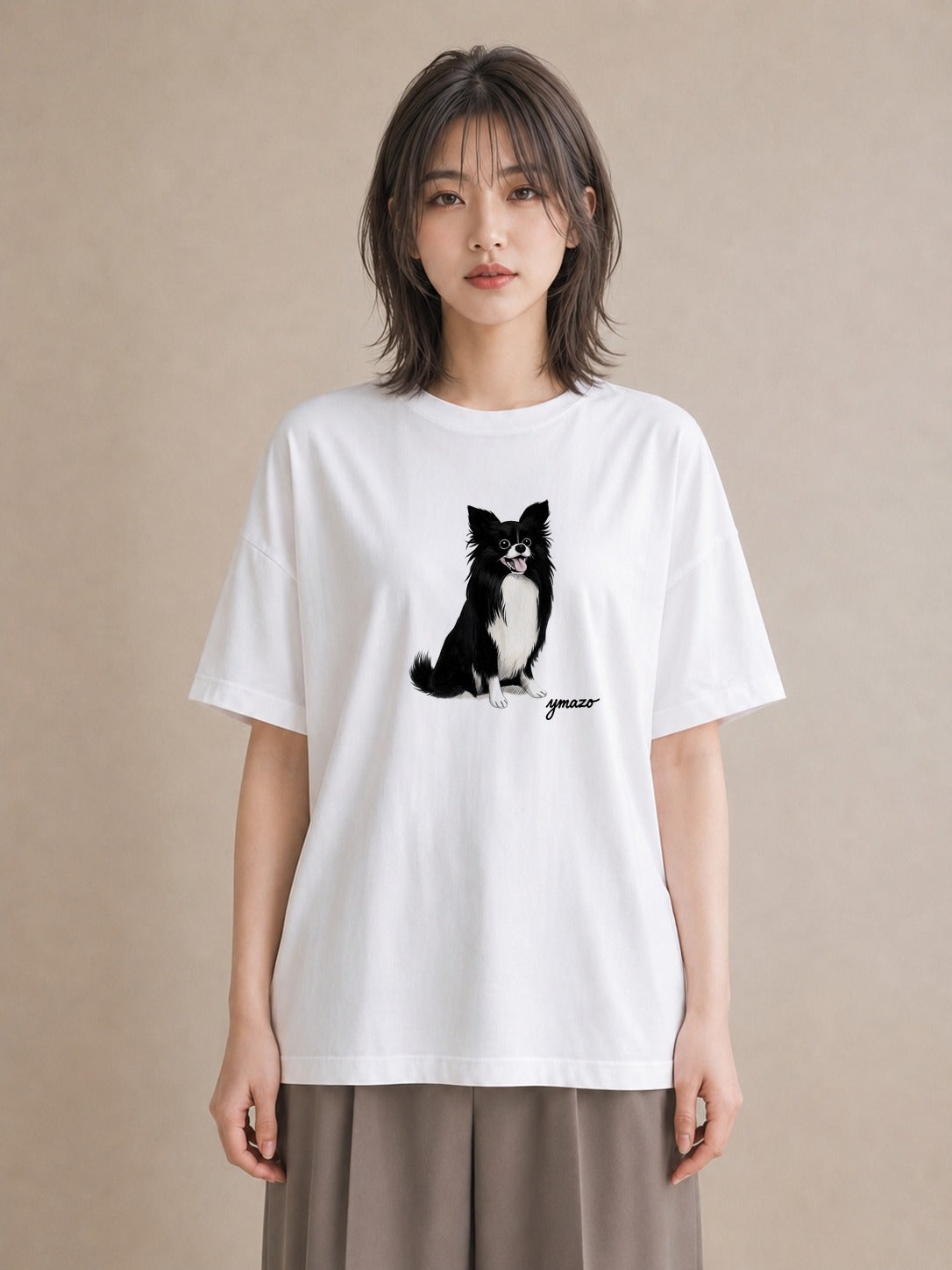 プリントTシャツ レディース ロングコートチワワ 犬 いぬ イラスト 上品 お揃い 親子 白T YMAZO