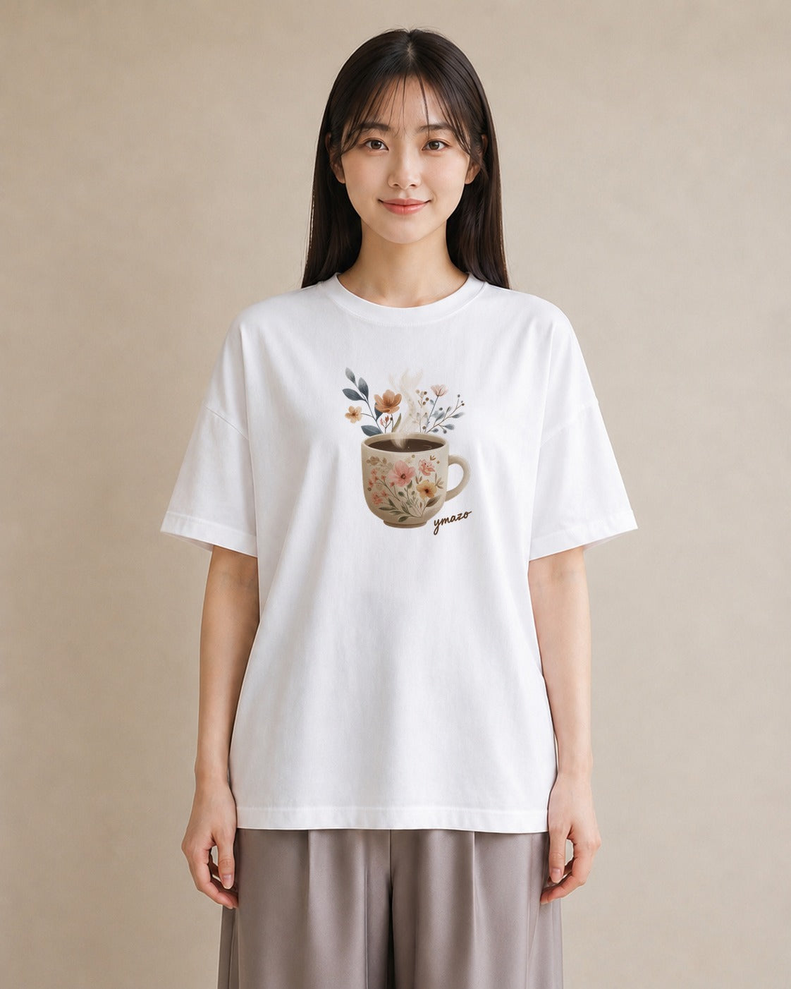 デザインTシャツ レディース コーヒー 珈琲 カフェ 食べ物 フード イラスト 海 カフェ巡り 白T YMAZO