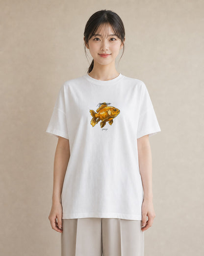 Tシャツ レディース 金魚 ペット 動物 イラスト 休日コーデ ミセス 春コーデ 白T YMAZO