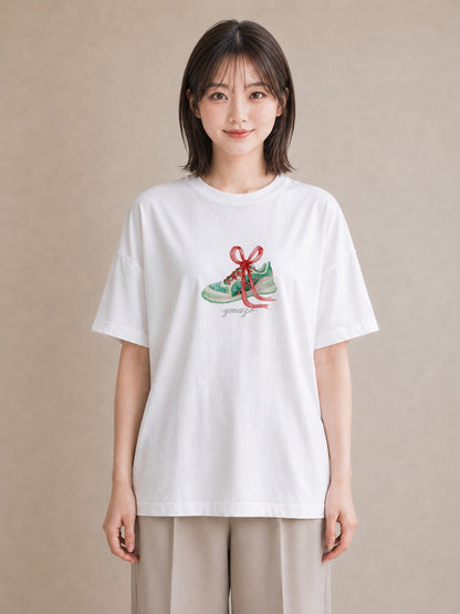 半袖Tシャツ レディース バレエシューズ バレエ トウシューズ ナチュラル アンティーク イラスト ミニマル ホワイトデー 春服 白T YMAZO