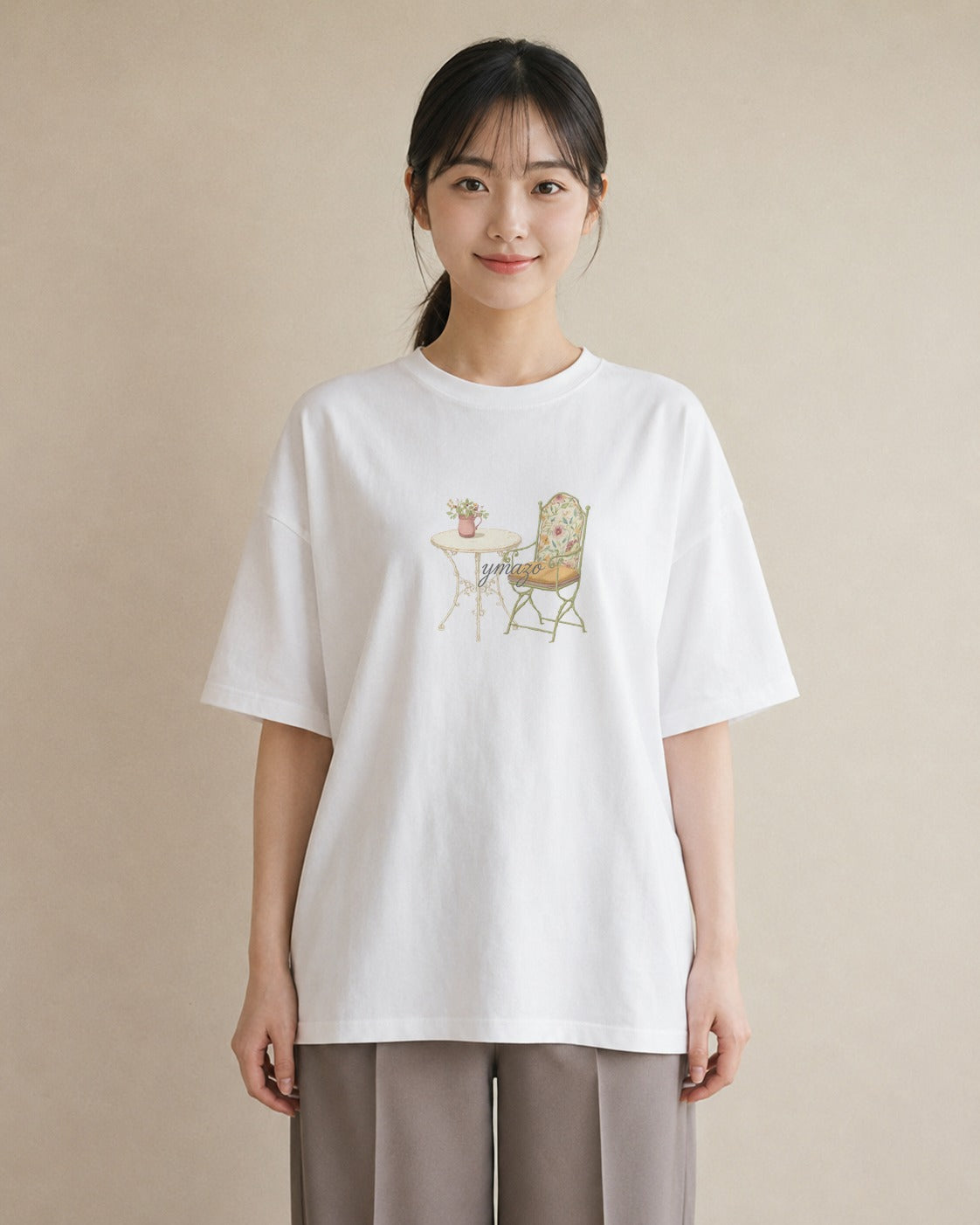 デザインTシャツ レディース 夕暮れ バルコニー 夕焼け ナチュラル アンティーク イラスト レトロ カフェ服 クリスマス 白T YMAZO