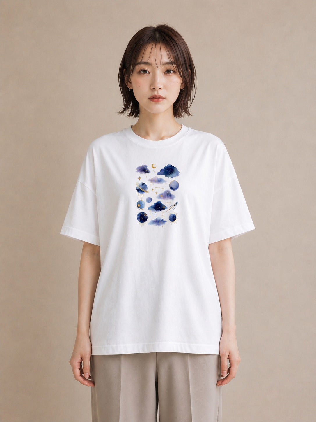 グラフィックTシャツ レディース 水瓶座 星空 宇宙 イラスト レトロ 女性 旅行用 白T YMAZO