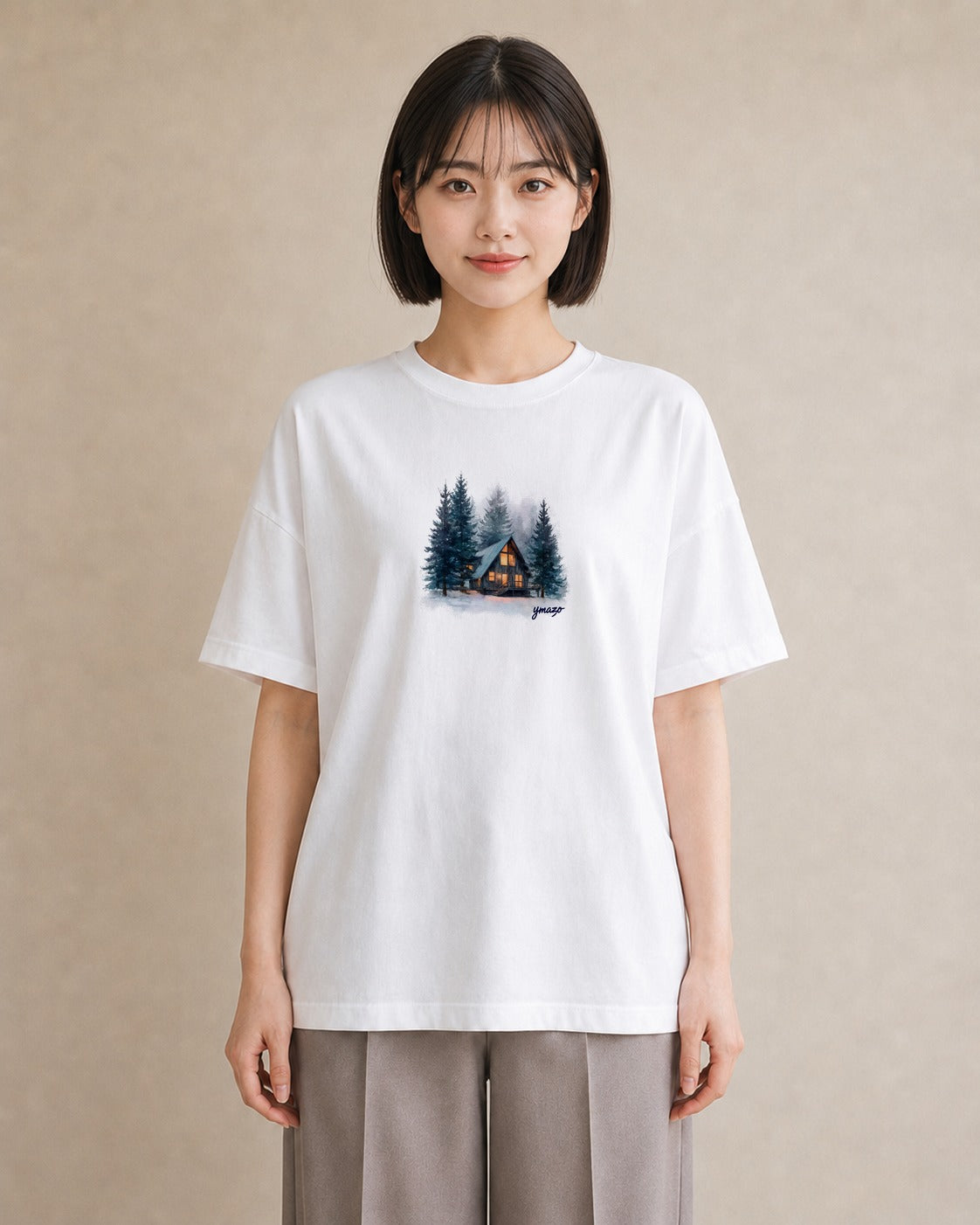 グラフィックTシャツ レディース 湖畔の小屋 湖 小屋 ナチュラル アンティーク イラスト ゆるかわ レイヤード 友達ギフト 白T YMAZO