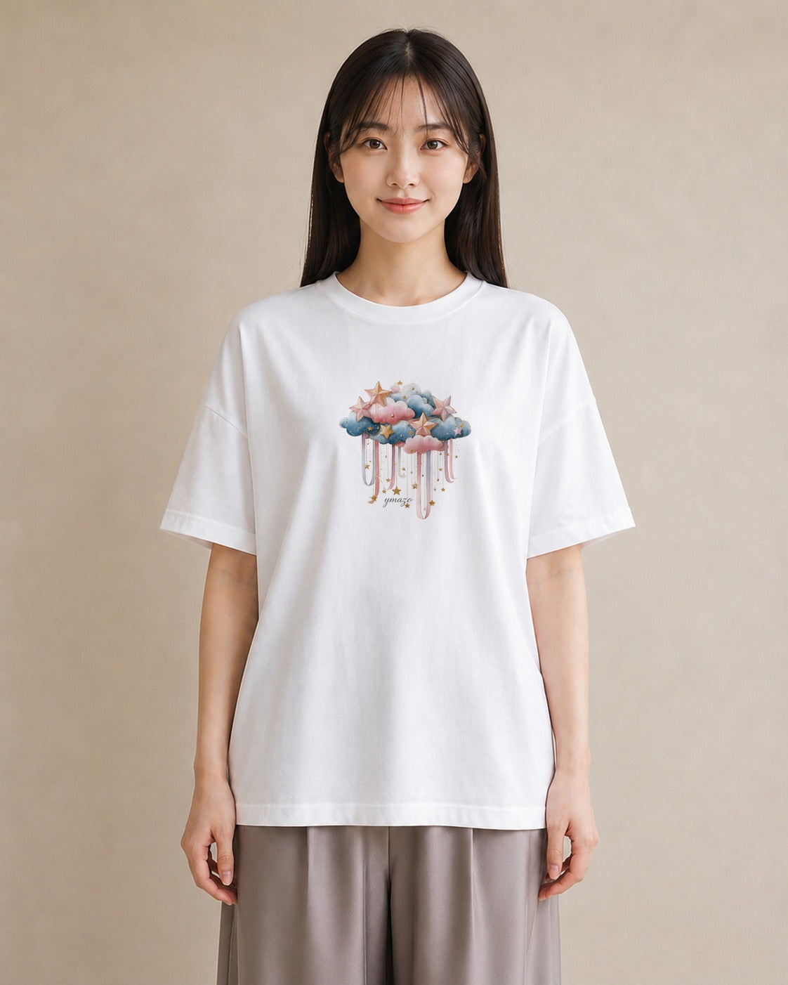 プリントTシャツ レディース 星空 宇宙 イラスト カフェ服 クリスマス 白T YMAZO