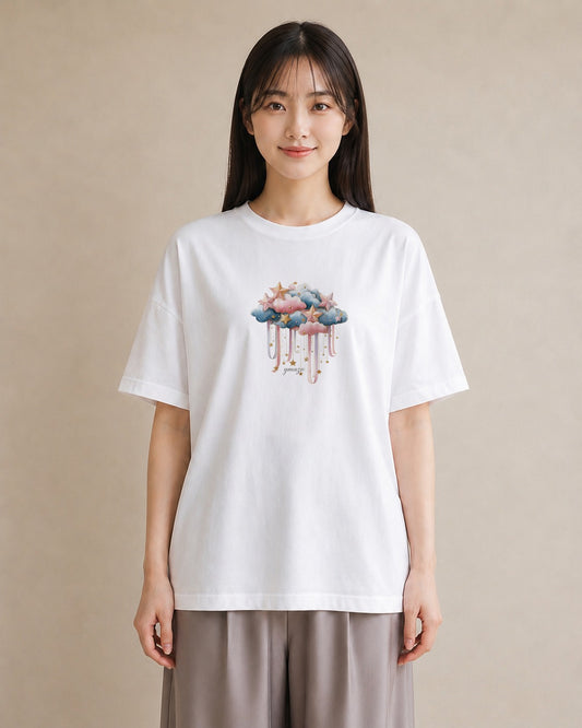プリントTシャツ レディース 星空 宇宙 イラスト カフェ服 クリスマス 白T YMAZO