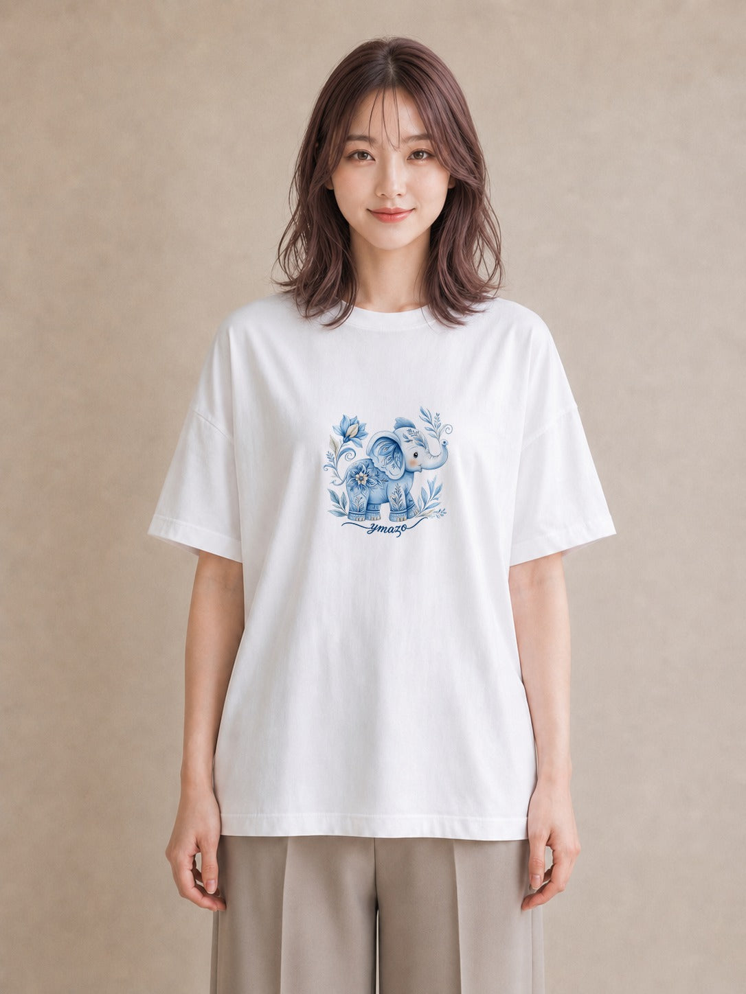 半袖Tシャツ レディース ぞう 動物 アニマル イラスト ヴィンテージ風 夏コーデ 通学 白T YMAZO