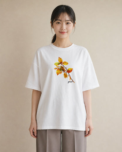 半袖Tシャツ レディース 落ち葉 植物 ボタニカル イラスト こなれ感 ラフ レイヤード 白T YMAZO