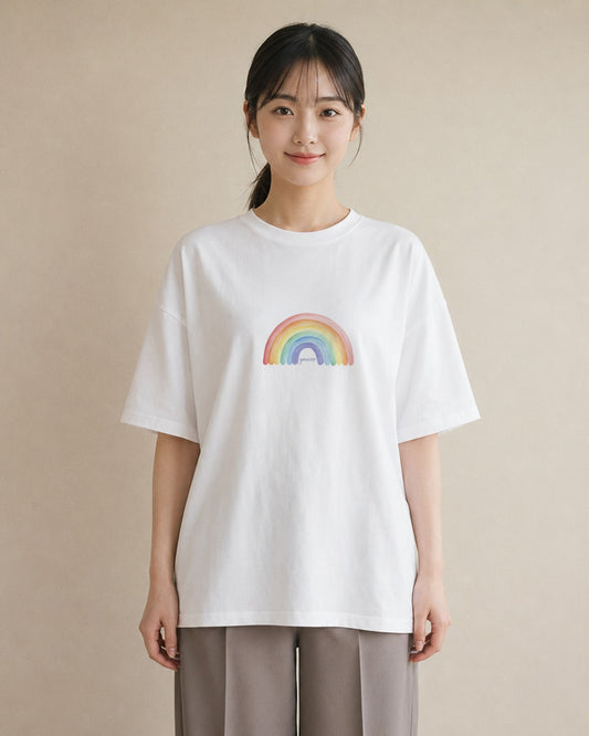 プリントTシャツ レディース 虹 星空 宇宙 イラスト シック カジュアルコーデ 買い物 白T YMAZO