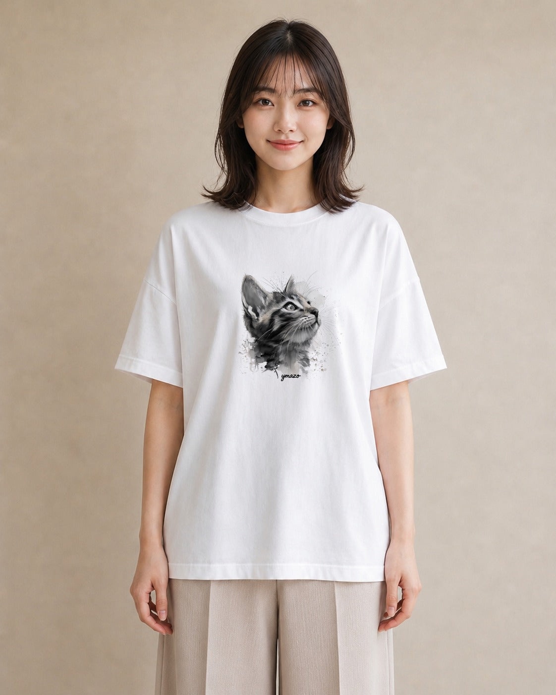プリントTシャツ レディース 三毛猫 みけねこ 三毛 猫 ねこ イラスト 個性的 ミセス 春コーデ 白T YMAZO