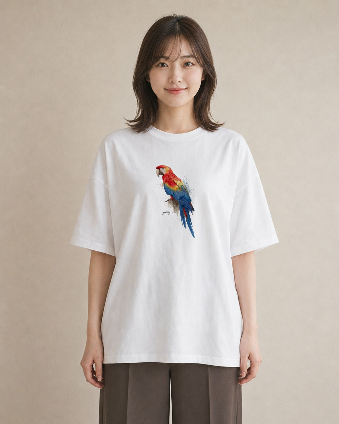 半袖Tシャツ レディース ボタンインコ ペット 動物 イラスト 旅行コーデ レイヤード 友達ギフト 白T YMAZO