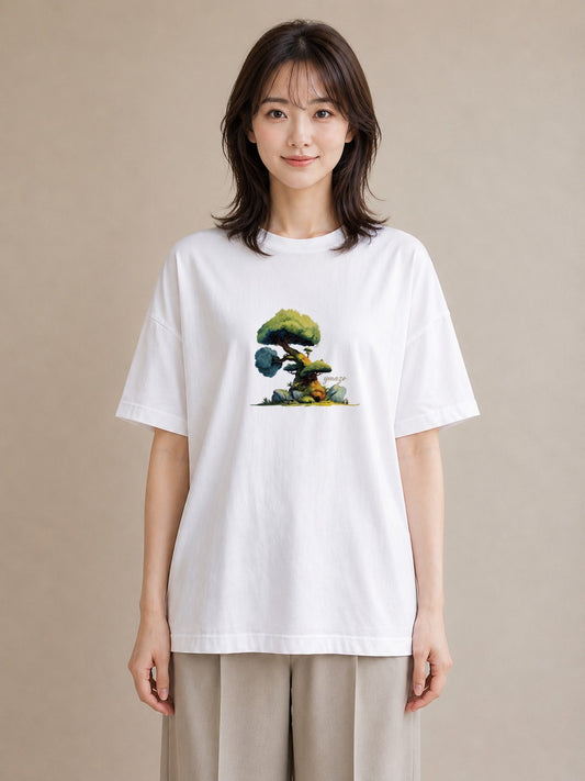 プリントTシャツ レディース 盆栽 植物 ボタニカル イラスト ゆるかわ カジュアルコーデ 買い物 白T YMAZO