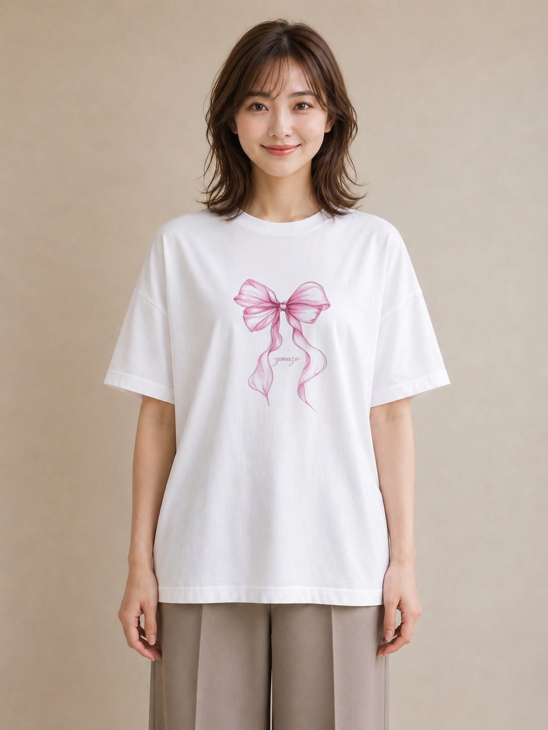 半袖Tシャツ レディース リボン 蝶結び ナチュラル アンティーク イラスト 普段使い 在宅 公園 白T YMAZO
