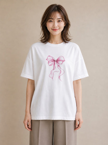 半袖Tシャツ レディース リボン 蝶結び ナチュラル アンティーク イラスト 普段使い 在宅 公園 白T YMAZO