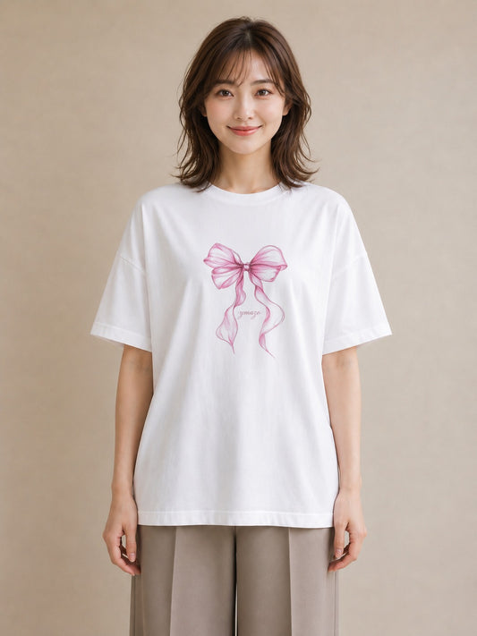 半袖Tシャツ レディース リボン 蝶結び ナチュラル アンティーク イラスト 普段使い 在宅 公園 白T