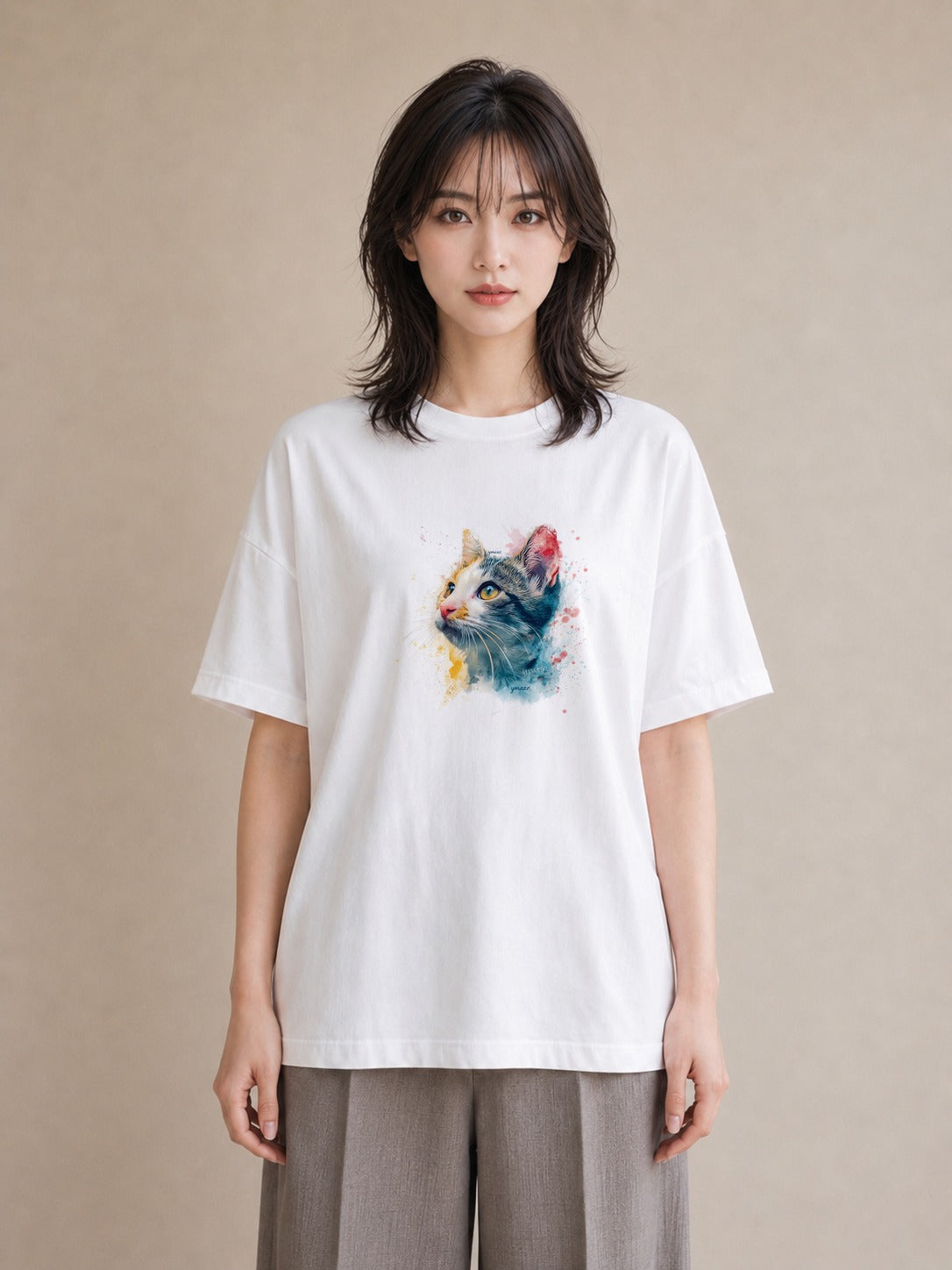 Tシャツ レディース ぶち猫 猫 ねこ イラスト 水彩風 お揃い 親子 白T YMAZO