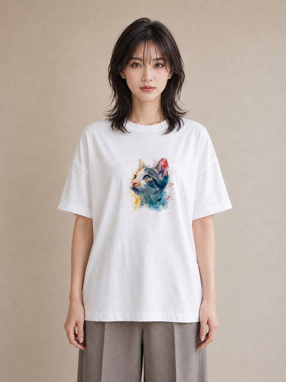 Tシャツ レディース ぶち猫 猫 ねこ イラスト 水彩風 お揃い 親子 白T YMAZO