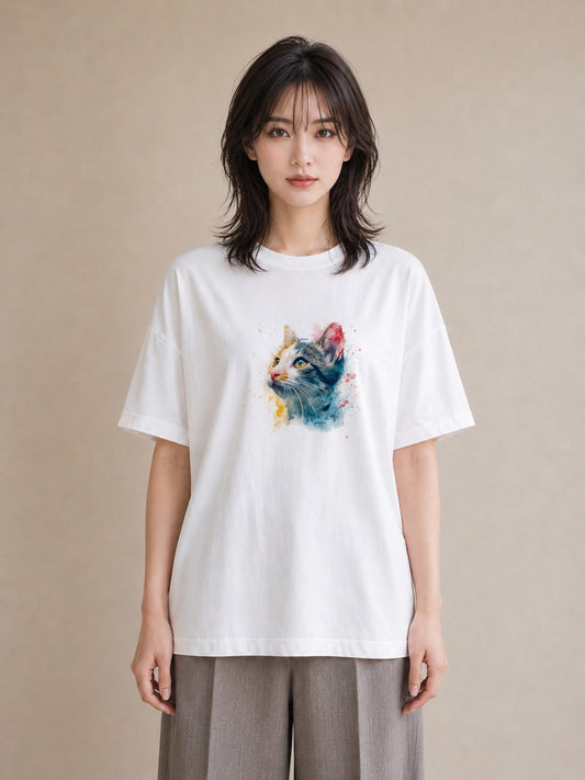 Tシャツ レディース ぶち猫 猫 ねこ イラスト 水彩風 お揃い 親子 白T YMAZO