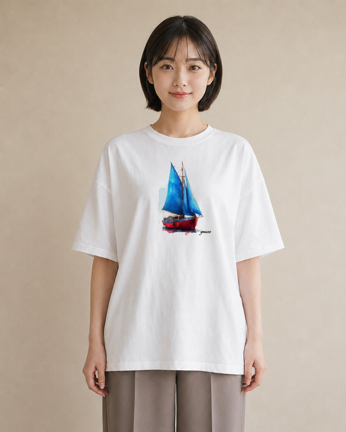 半袖Tシャツ レディース 紙の船 水辺 ナチュラル アンティーク イラスト 手描き風 姉妹 送別ギフト 白T YMAZO