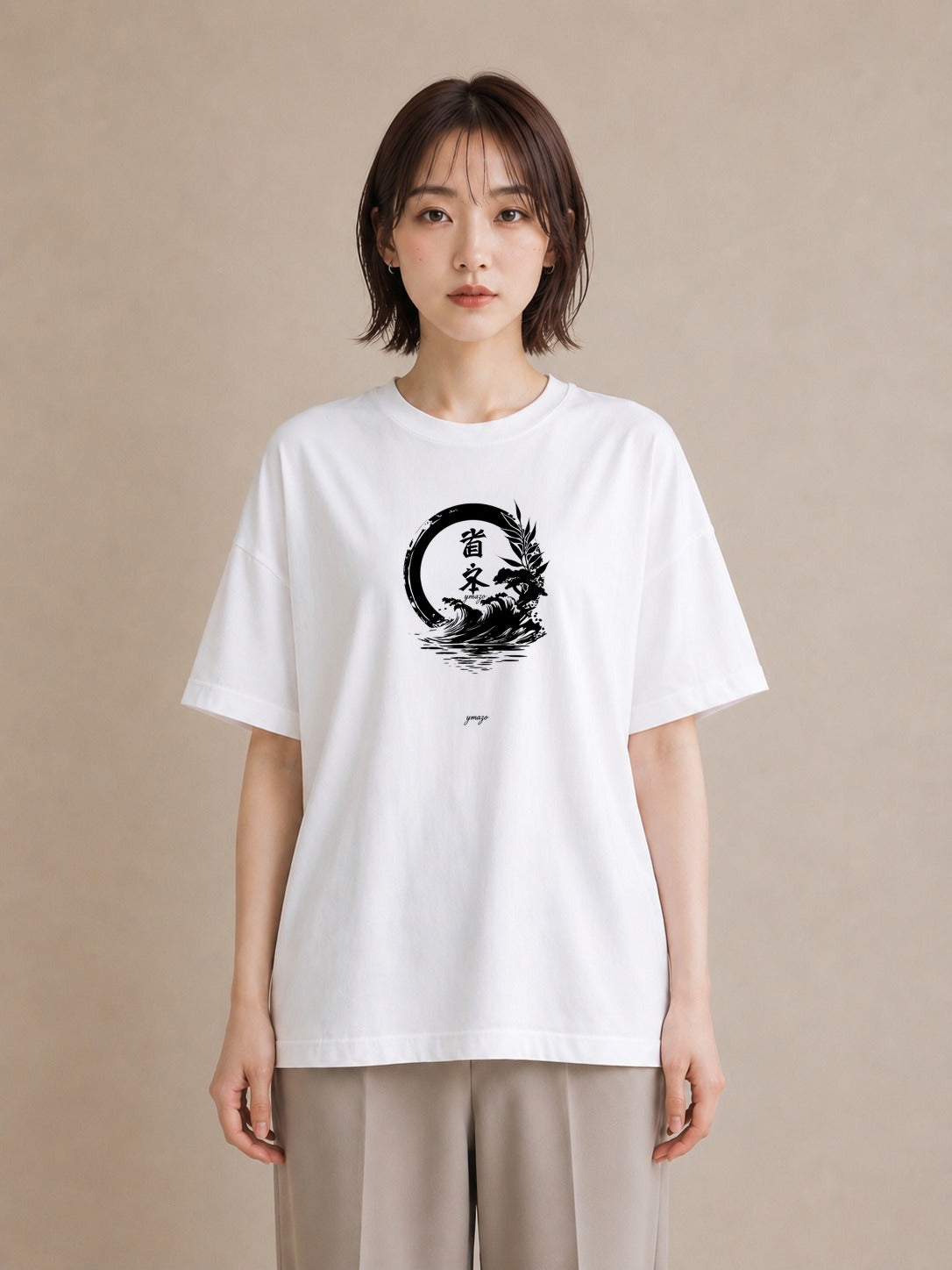 デザインTシャツ レディース 扇子 そよ風 ナチュラル アンティーク イラスト アート風 通学 誕生日プレゼント 白T YMAZO