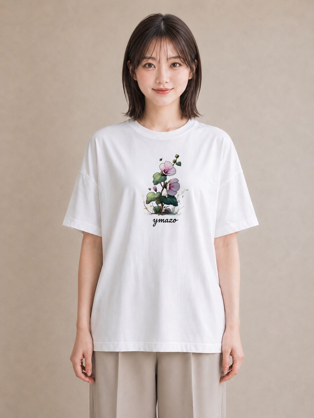 Tシャツ レディース パンジー 花 花柄 イラスト 線画 散歩 お出かけ 白T YMAZO