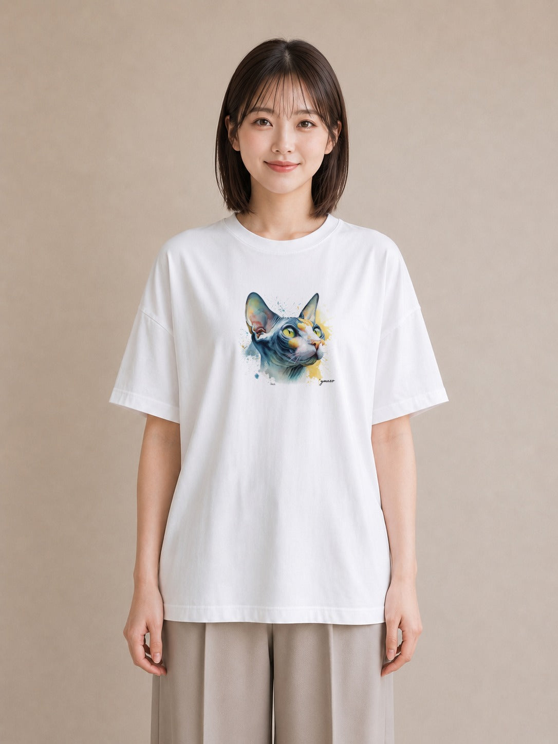 デザインTシャツ レディース 猫 ねこ イラスト 送別ギフト 通勤 白T YMAZO
