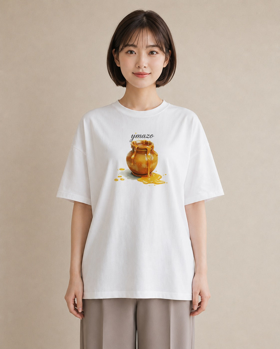 Tシャツ レディース はちみつ 食べ物 フード イラスト 手描き風 ルームウェア ギフト 白T YMAZO