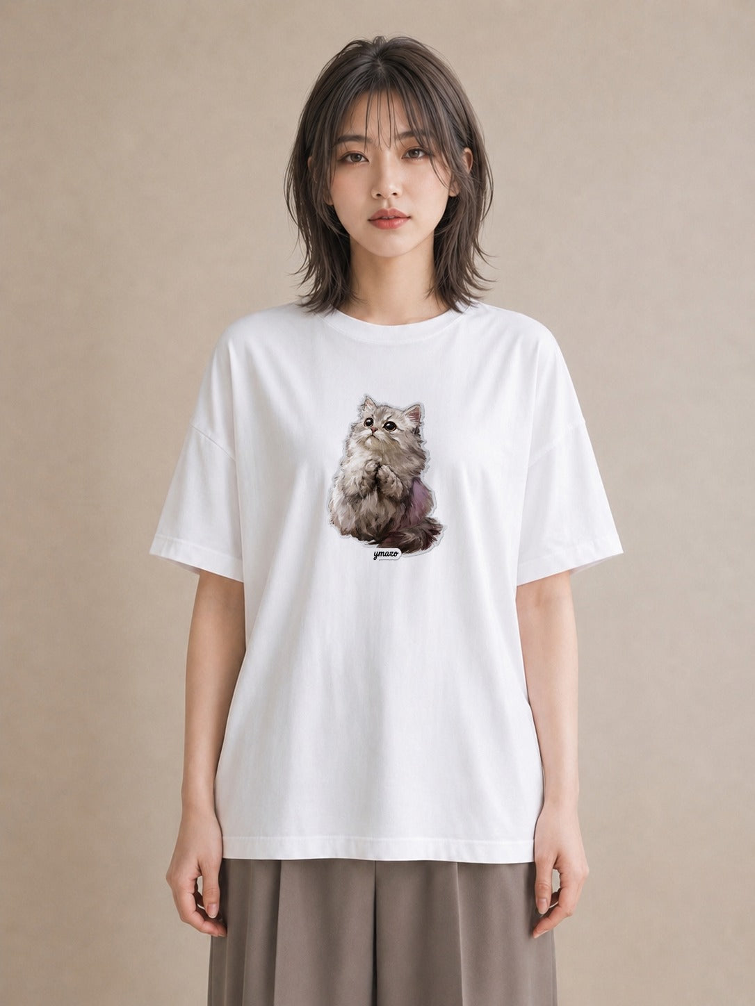 半袖Tシャツ レディース おすわり猫 猫 ねこ イラスト 手描き風 レイヤード 友達ギフト 白T YMAZO