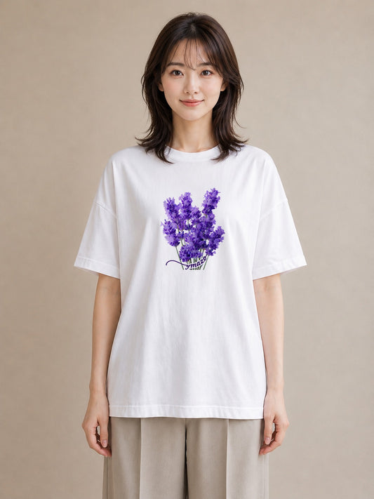 半袖Tシャツ レディース ラベンダー 花 花柄 イラスト 韓国風 誕生日プレゼント 綿100 白T YMAZO