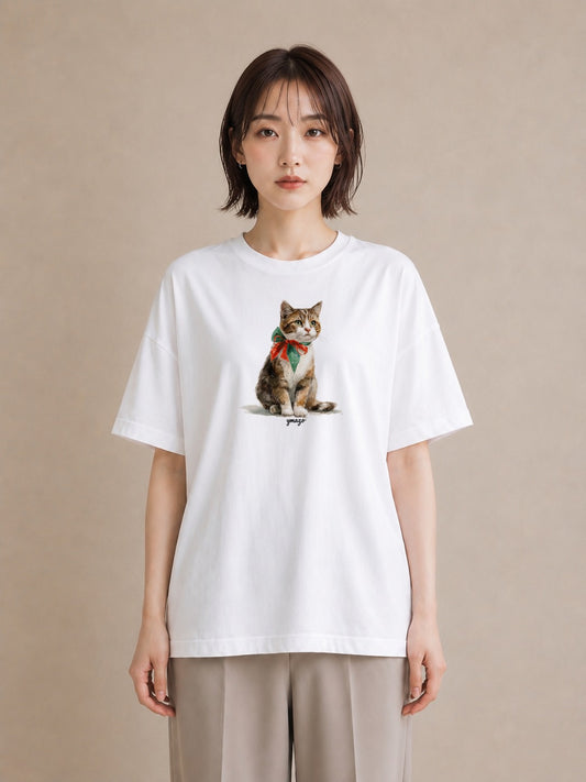 半袖Tシャツ レディース サバトラ 猫 ねこ イラスト シック ビーチ デイリーウェア 白T YMAZO