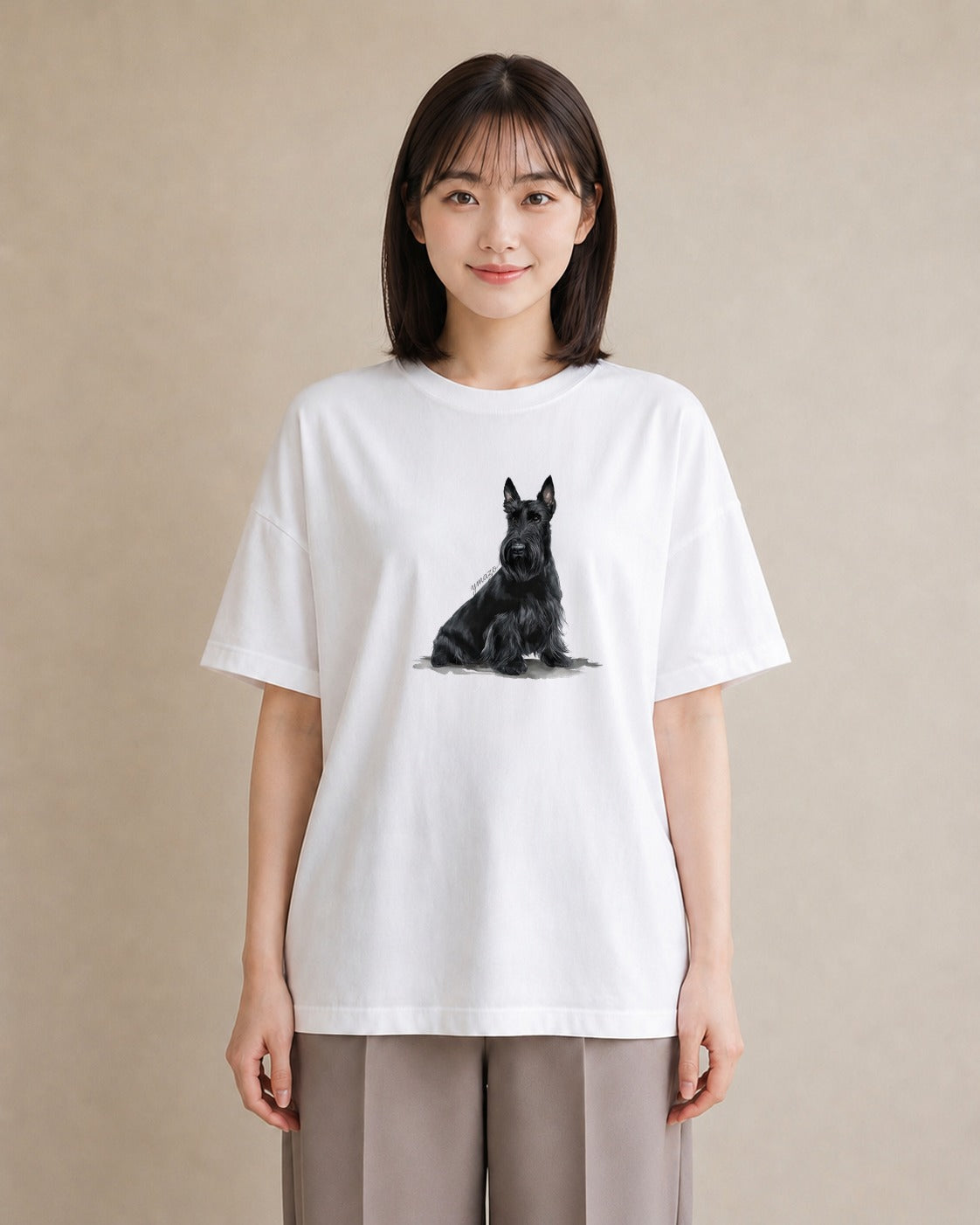 Tシャツ レディース ミニチュアシュナウザー 犬 いぬ イラスト きれいめカジュアル 散歩 お出かけ 白T YMAZO