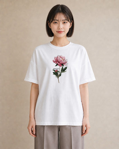 半袖Tシャツ レディース 牡丹 花 花柄 イラスト 普段使い 女性 旅行用 白T YMAZO