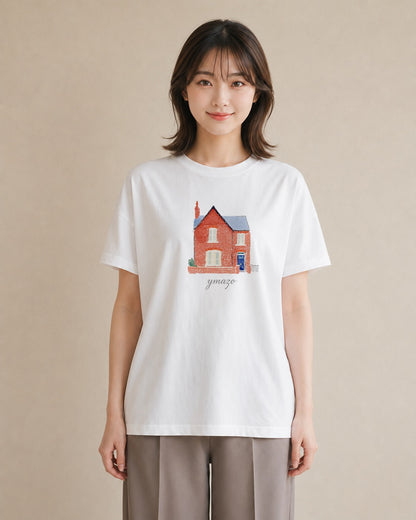 半袖Tシャツ レディース 湖畔の小屋 湖 小屋 ナチュラル アンティーク イラスト ユニーク 母の日 ビーチ 白T YMAZO