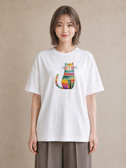 半袖Tシャツ レディース 猫好き 猫 ねこ イラスト 線画 休日 ペアコーデ 白T YMAZO