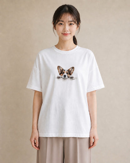 半袖Tシャツ レディース ウェルシュコーギー コーギー 犬 いぬ イラスト ニュアンス 綿100 デート 白T YMAZO