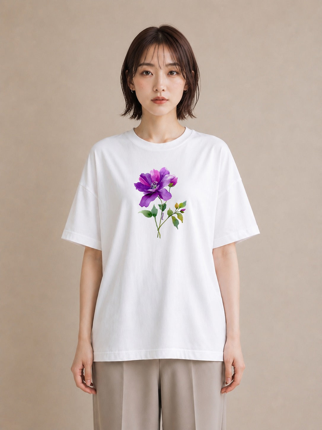 Tシャツ レディース パンジー 花 花柄 イラスト きれいめカジュアル 休日 ペアコーデ 白T YMAZO