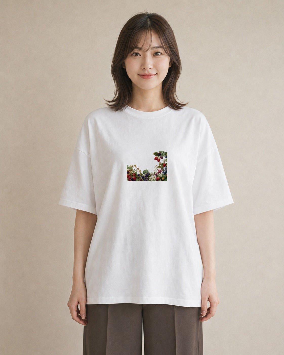 デザインTシャツ レディース 木の実 植物 ボタニカル イラスト 韓国風 公園 ママ 白T YMAZO