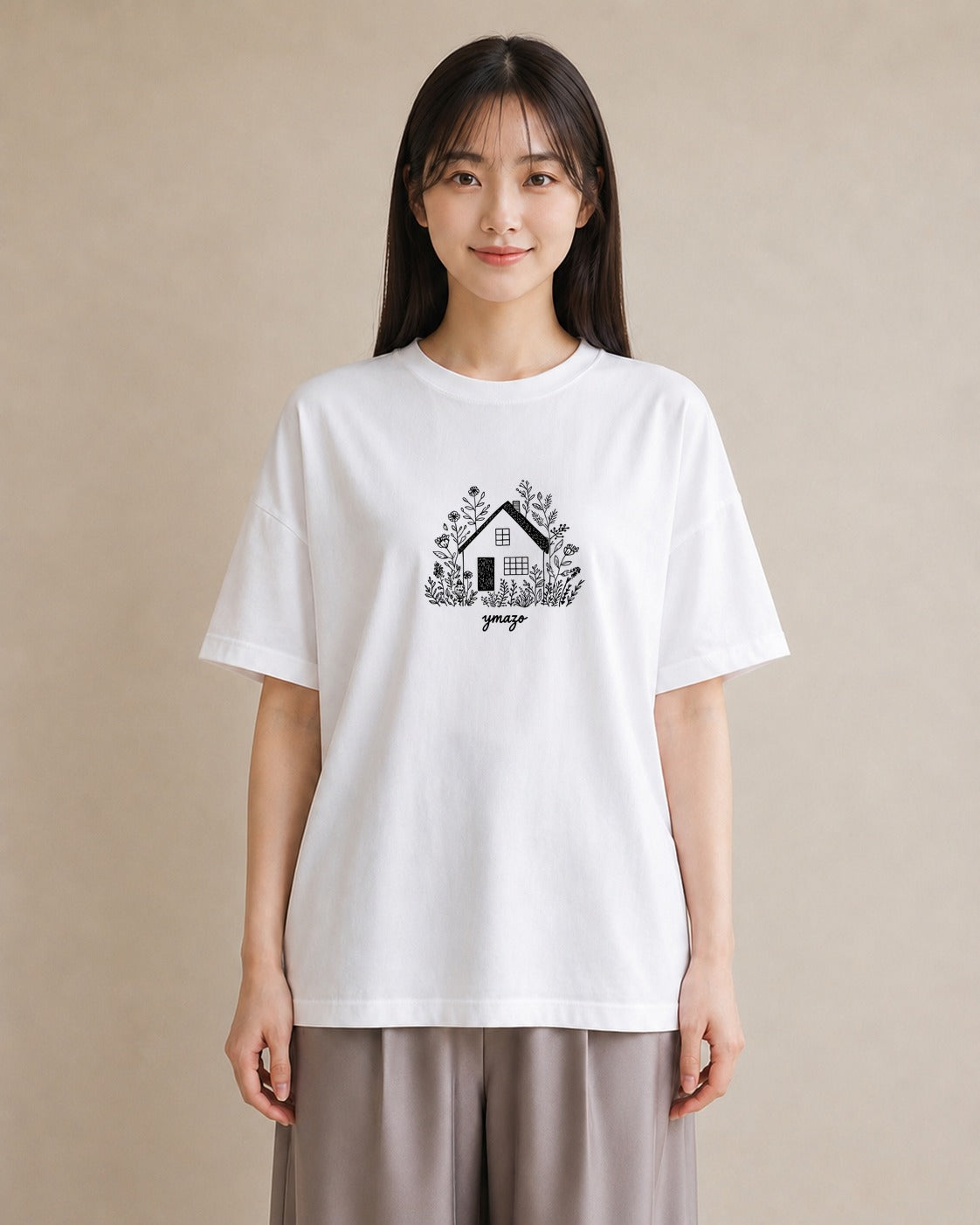半袖Tシャツ レディース 湖畔の小屋 湖 小屋 ナチュラル アンティーク イラスト レトロ 秋コーデ おしゃれギフト 白T YMAZO
