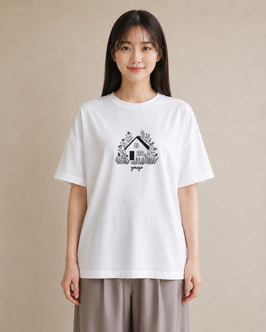 半袖Tシャツ レディース 湖畔の小屋 湖 小屋 ナチュラル アンティーク イラスト レトロ 秋コーデ おしゃれギフト 白T