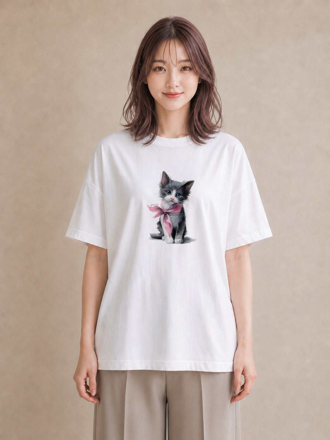 デザインTシャツ レディース ねこ 猫 ネコ イラスト 抜け感 敬老の日 ホワイトデー 白T YMAZO