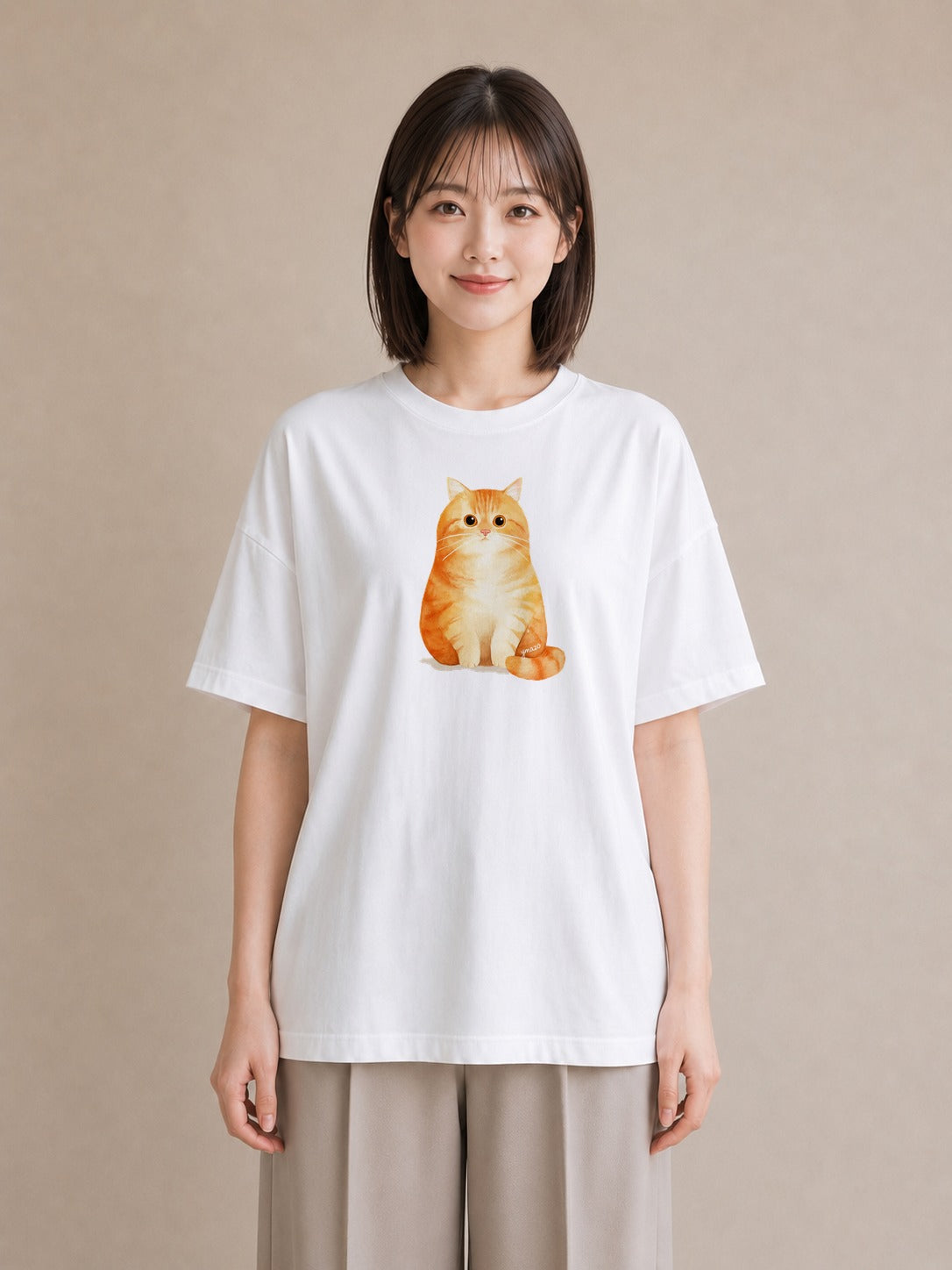 半袖Tシャツ レディース おすわり猫 猫 ねこ イラスト 手描き風 親子 20代 白T YMAZO