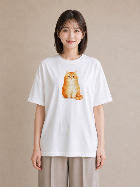 半袖Tシャツ レディース おすわり猫 猫 ねこ イラスト 手描き風 親子 20代 白T YMAZO