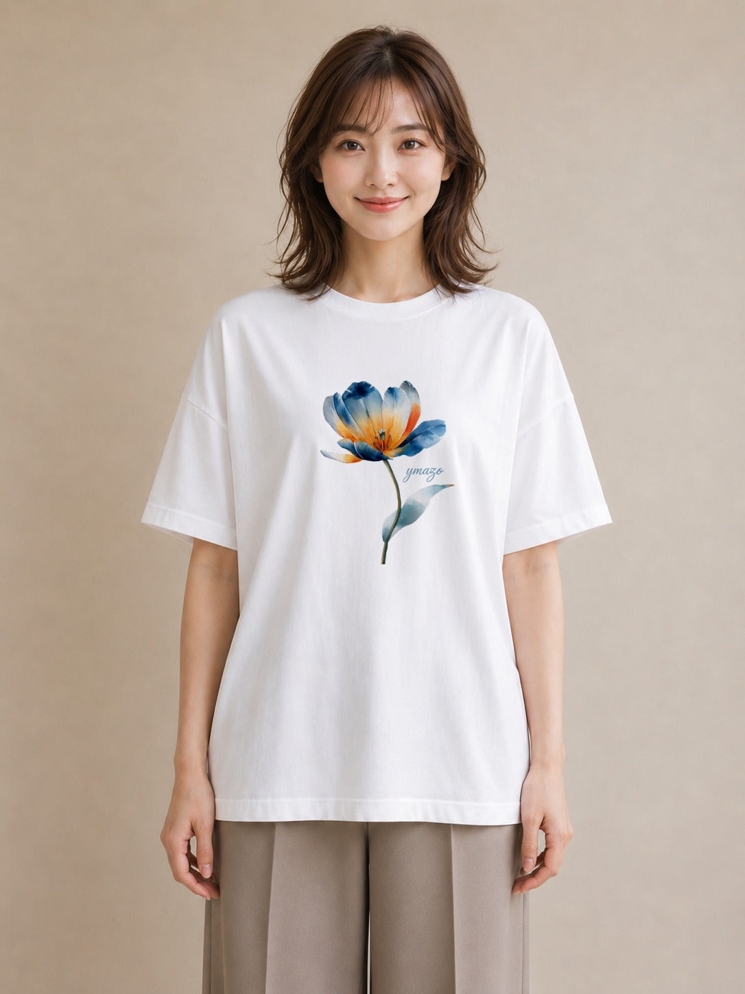 デザインTシャツ レディース ゆり 百合 花 花柄 イラスト アート風 レイヤード 友達ギフト 白T YMAZO