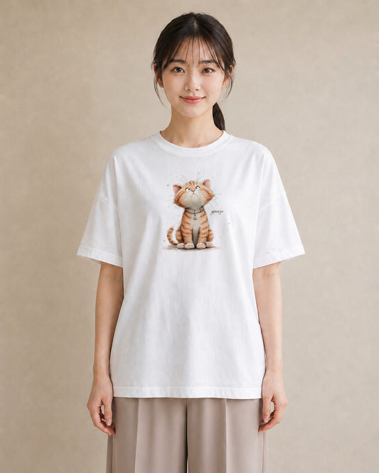 Tシャツ レディース キジトラ 猫 ねこ イラスト フェミニン お出かけ 普段着 白T YMAZO