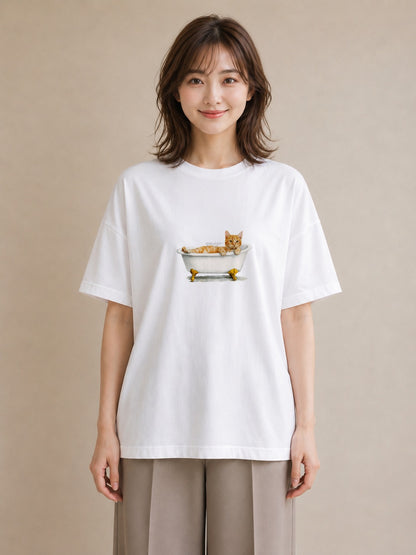 プリントTシャツ レディース 茶トラ 茶猫 猫 ねこ イラスト 北欧風 デイリーウェア 休日 白T YMAZO