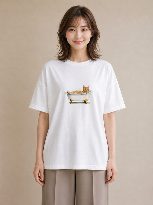 プリントTシャツ レディース 茶トラ 茶猫 猫 ねこ イラスト 北欧風 デイリーウェア 休日 白T YMAZO