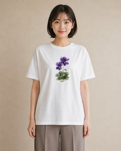 グラフィックTシャツ レディース パンジー 花 花柄 イラスト 普段使い 通学 誕生日プレゼント 白T