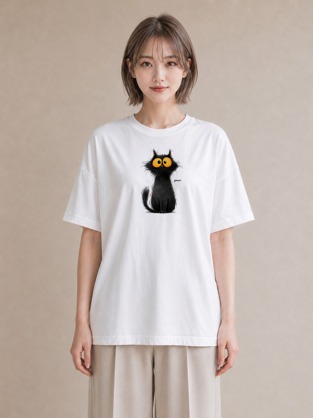 Tシャツ レディース 黒猫 猫 ねこ イラスト フェミニン 散歩 お出かけ 白T YMAZO