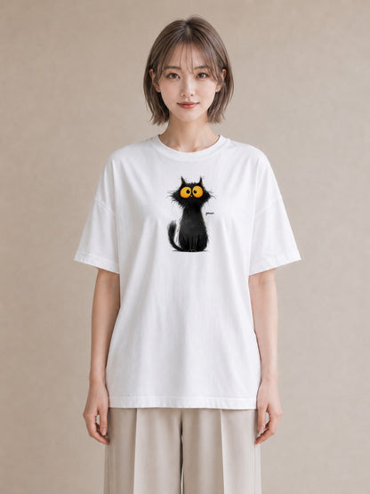 Tシャツ レディース 黒猫 猫 ねこ イラスト フェミニン 散歩 お出かけ 白T YMAZO