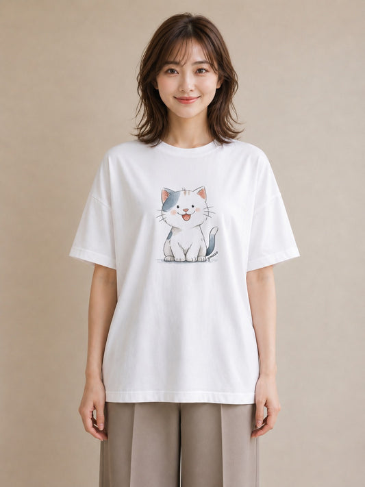 Tシャツ レディース 白猫 猫 ねこ イラスト 手描き風 海 カフェ巡り 白T YMAZO