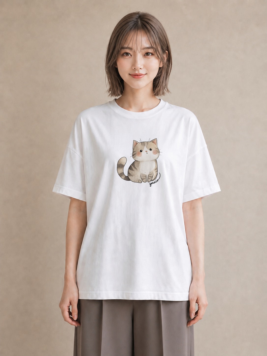 プリントTシャツ レディース エキゾチックショートヘア 猫 ねこ イラスト フェミニン 在宅 公園 白T YMAZO